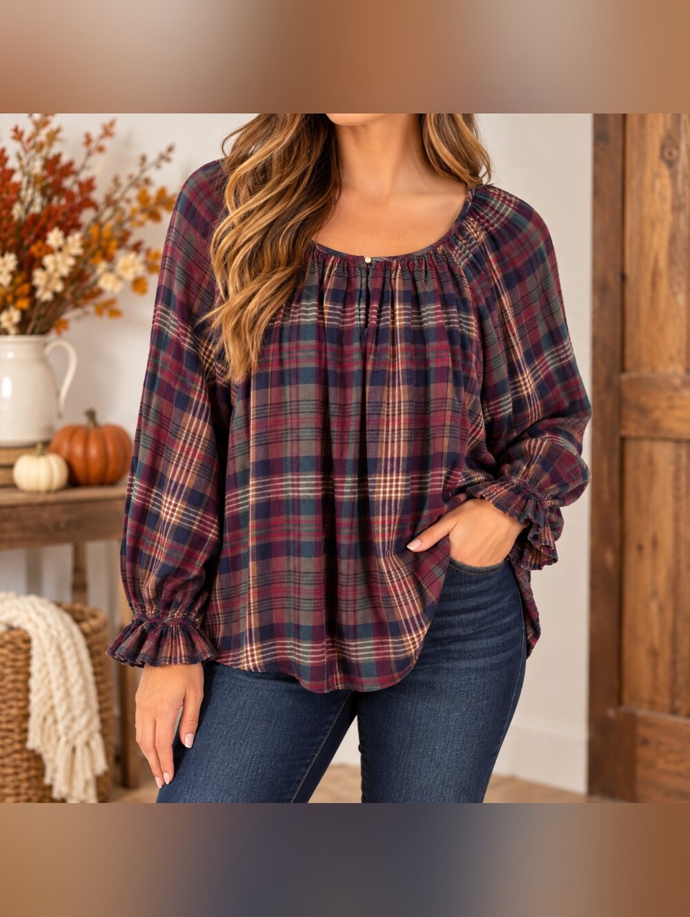 Chaps 2X Plaid Peasant Blouse 100% Cotton Long Sleeve Boho Fall Top